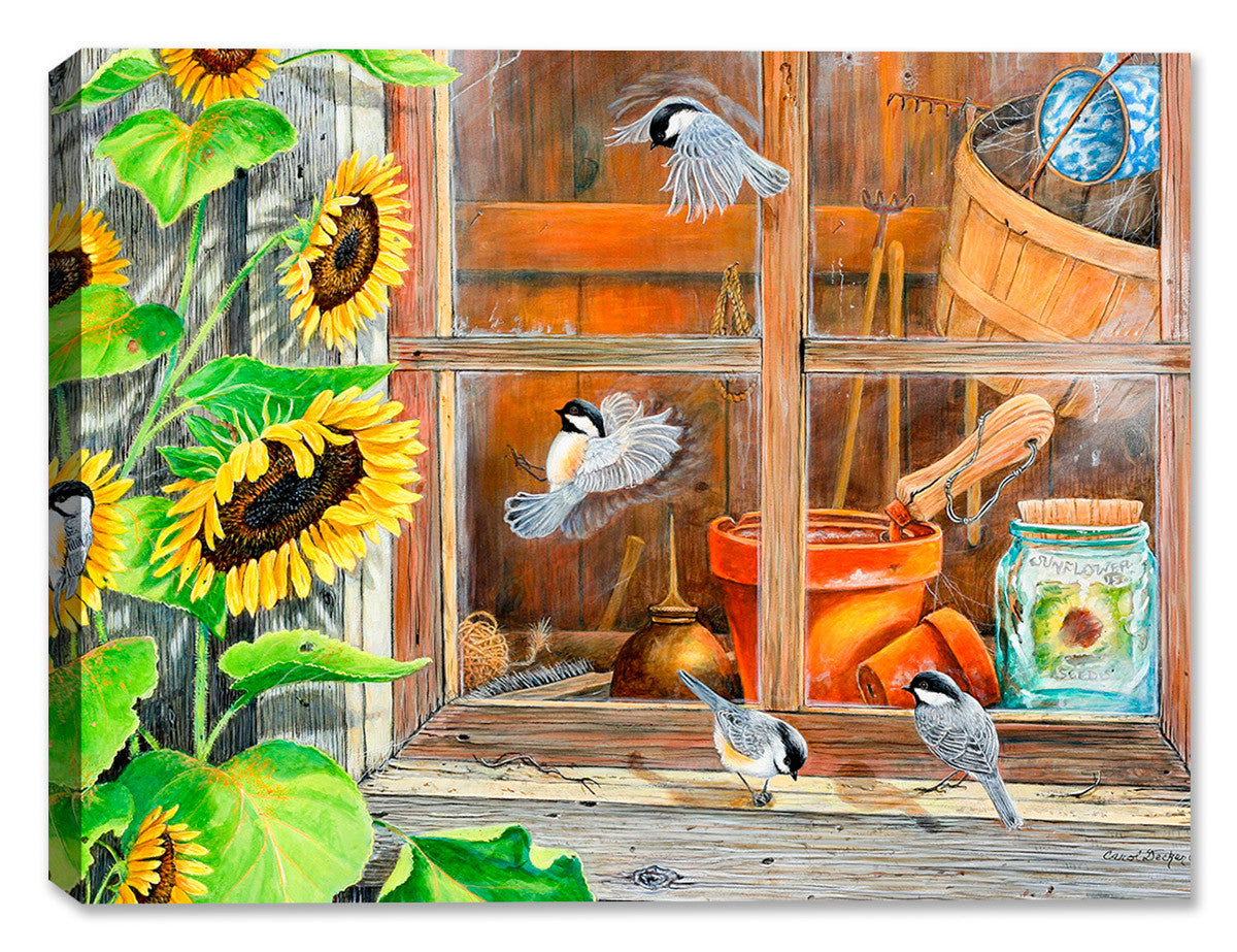 Painting of a Sunflower Shed with Chickadees - Printed on Canvas