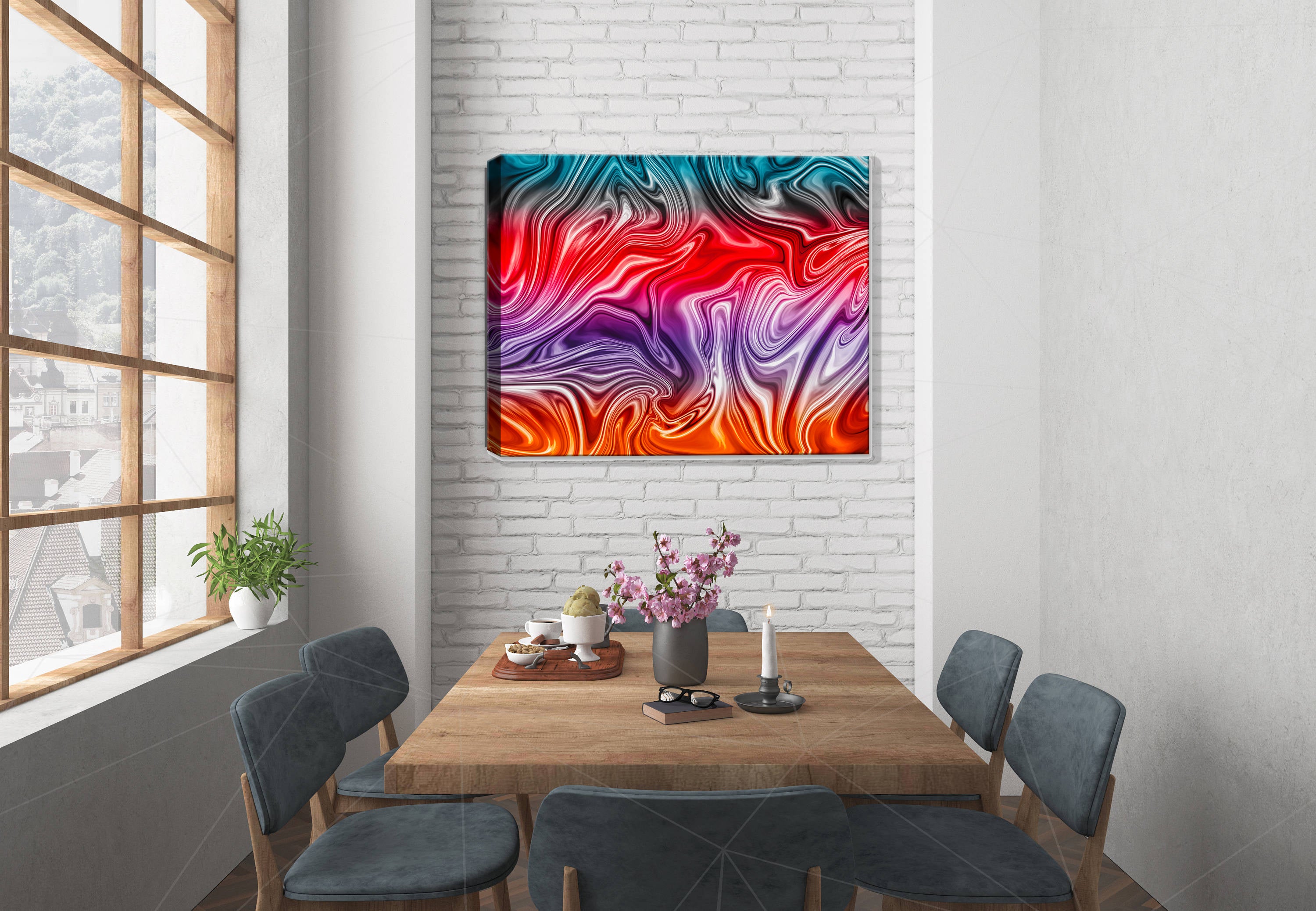 Abstract Swirl on Canvas Hanging on Dining Room Wall