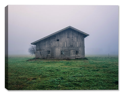 Barn in Fog Image on Canvas