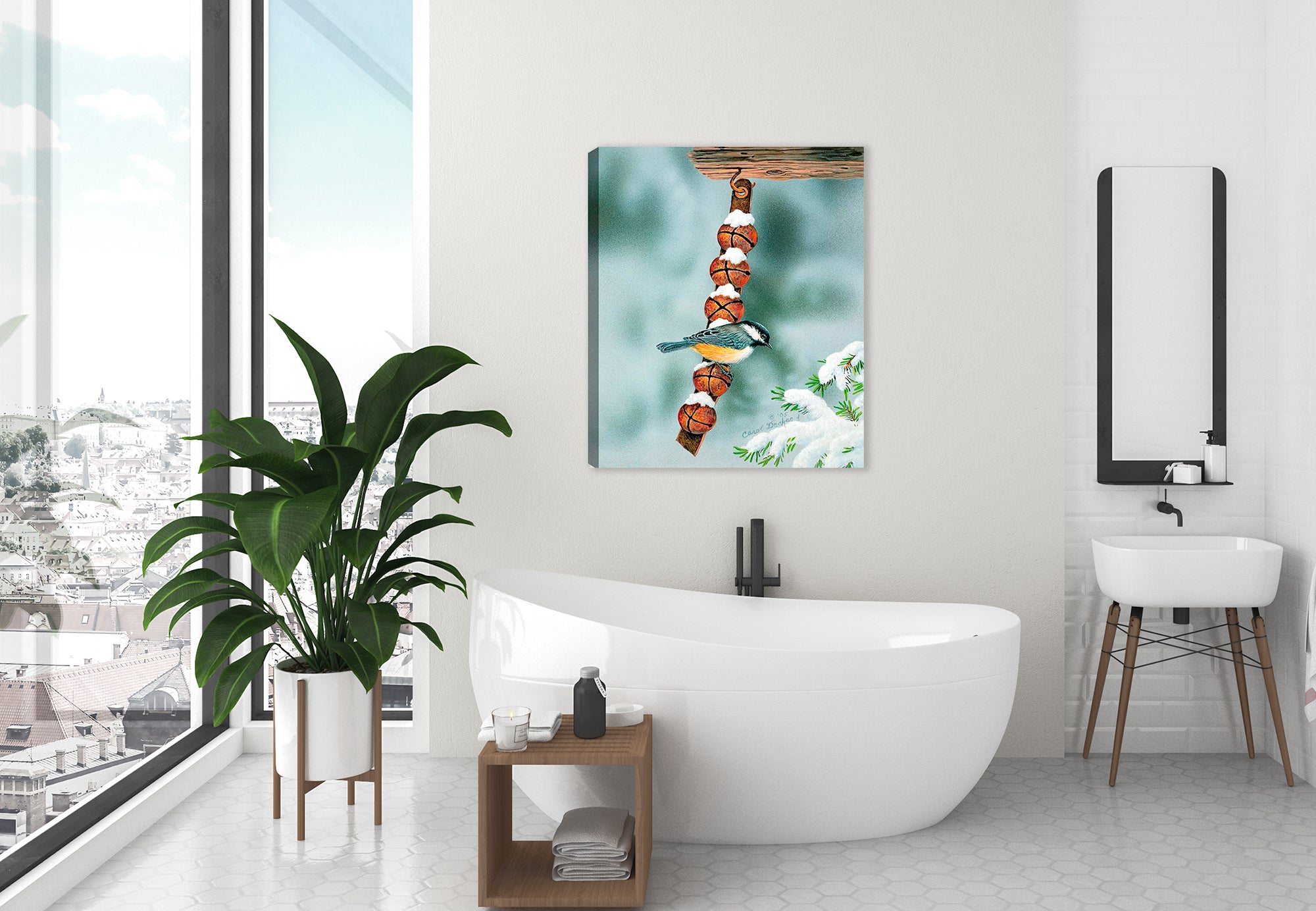 Are you Listening painting by Carol Decker - on Canvas hanging on bathroom Wall