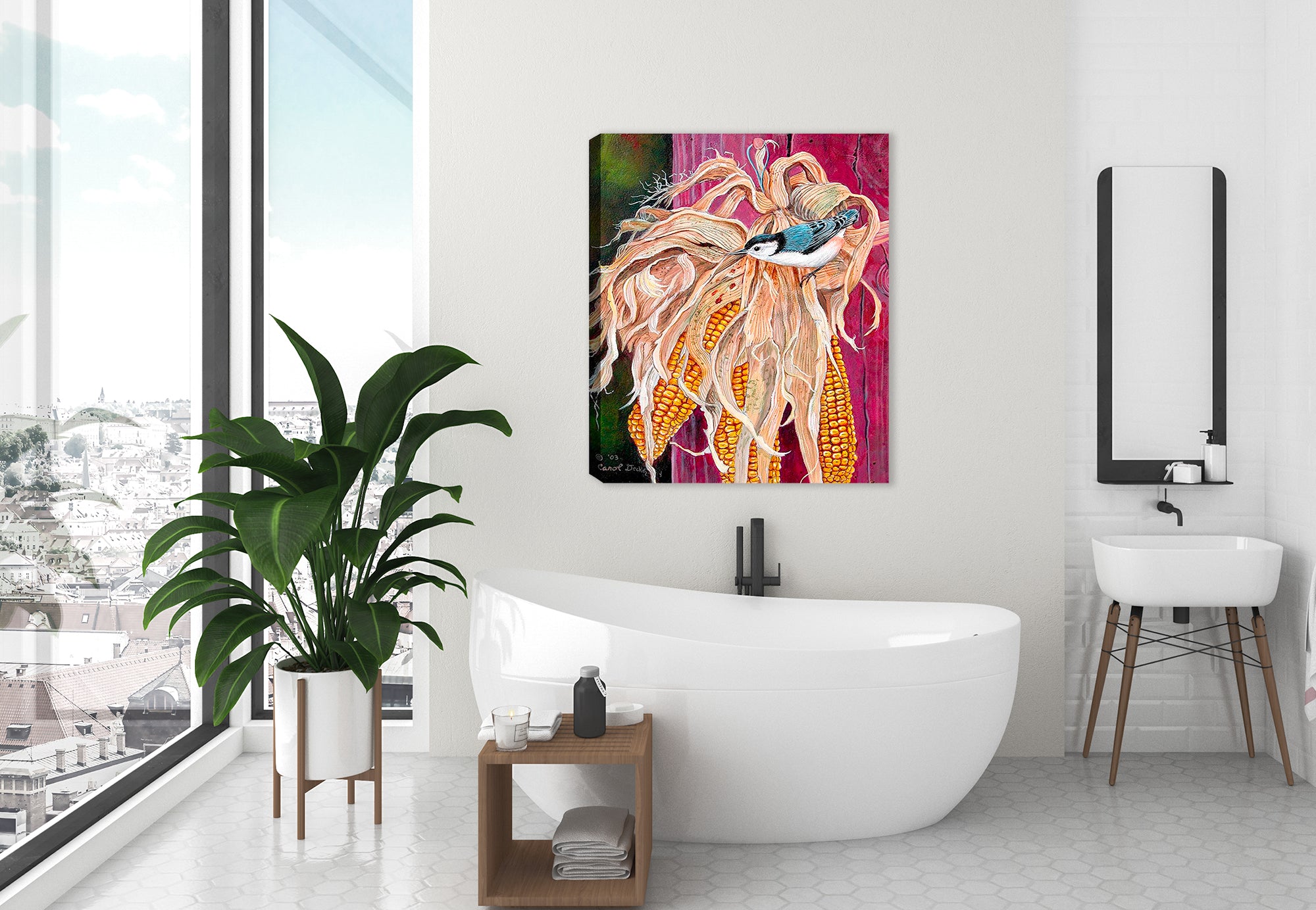 Nuthatch Bird Painting on Canvas hanging on Bathroom Wall