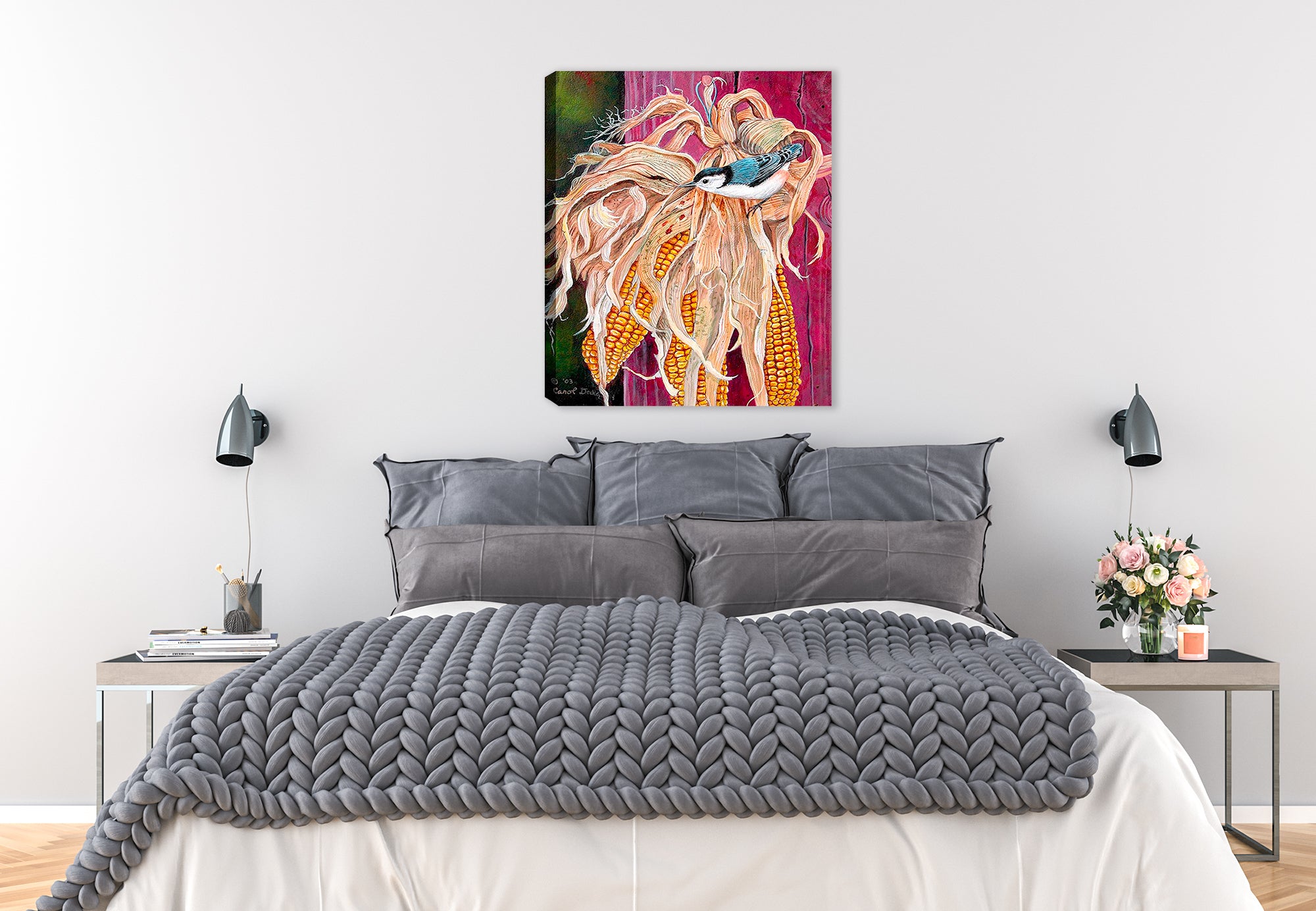 Nuthatch Bird Painting on Canvas hanging on Bedroom Wall