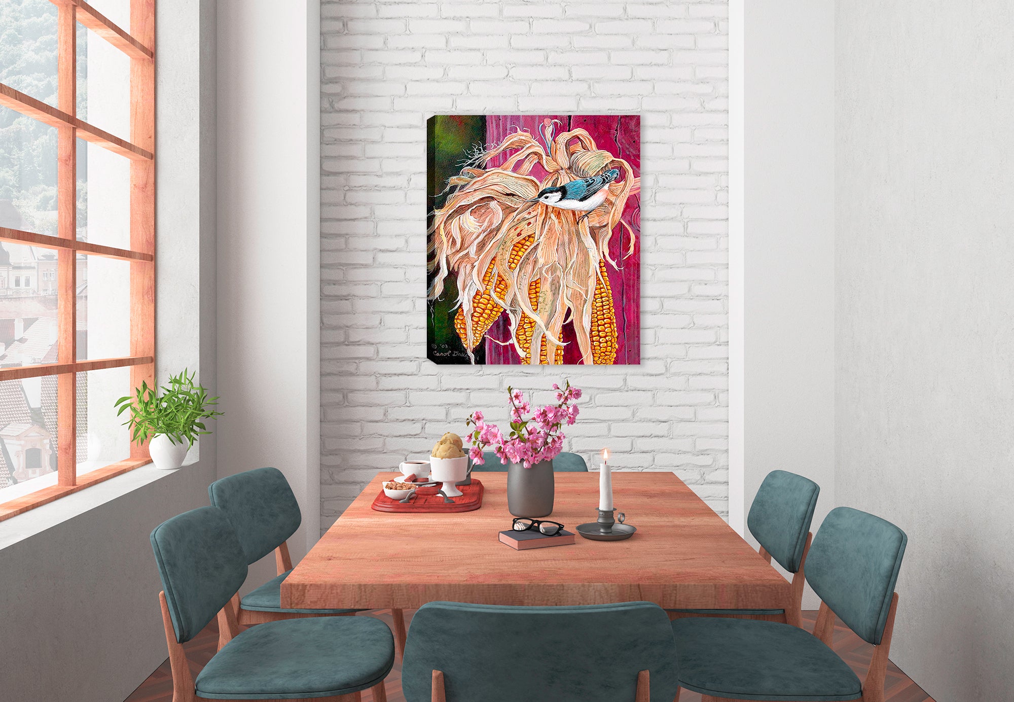 Nuthatch Bird Painting on Canvas hanging on Dining Room Wall