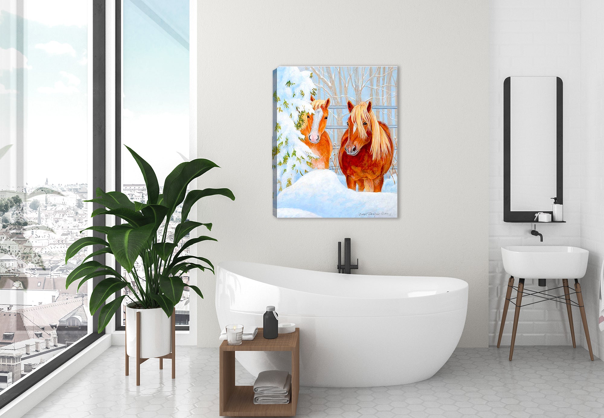 Horses in SnowP Painted on Canvas Bathroom Art