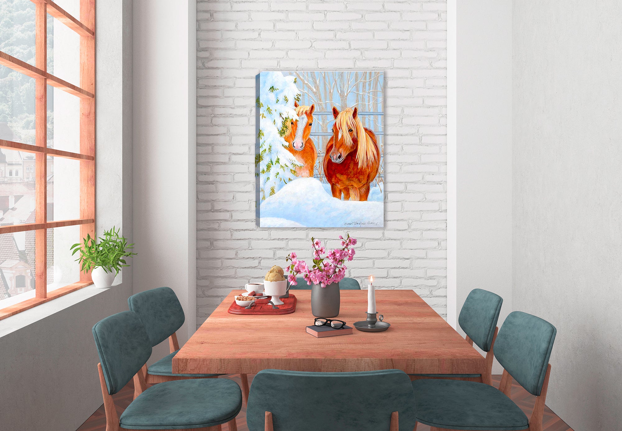 Canvas Painting of Horses hanging on dining room wall