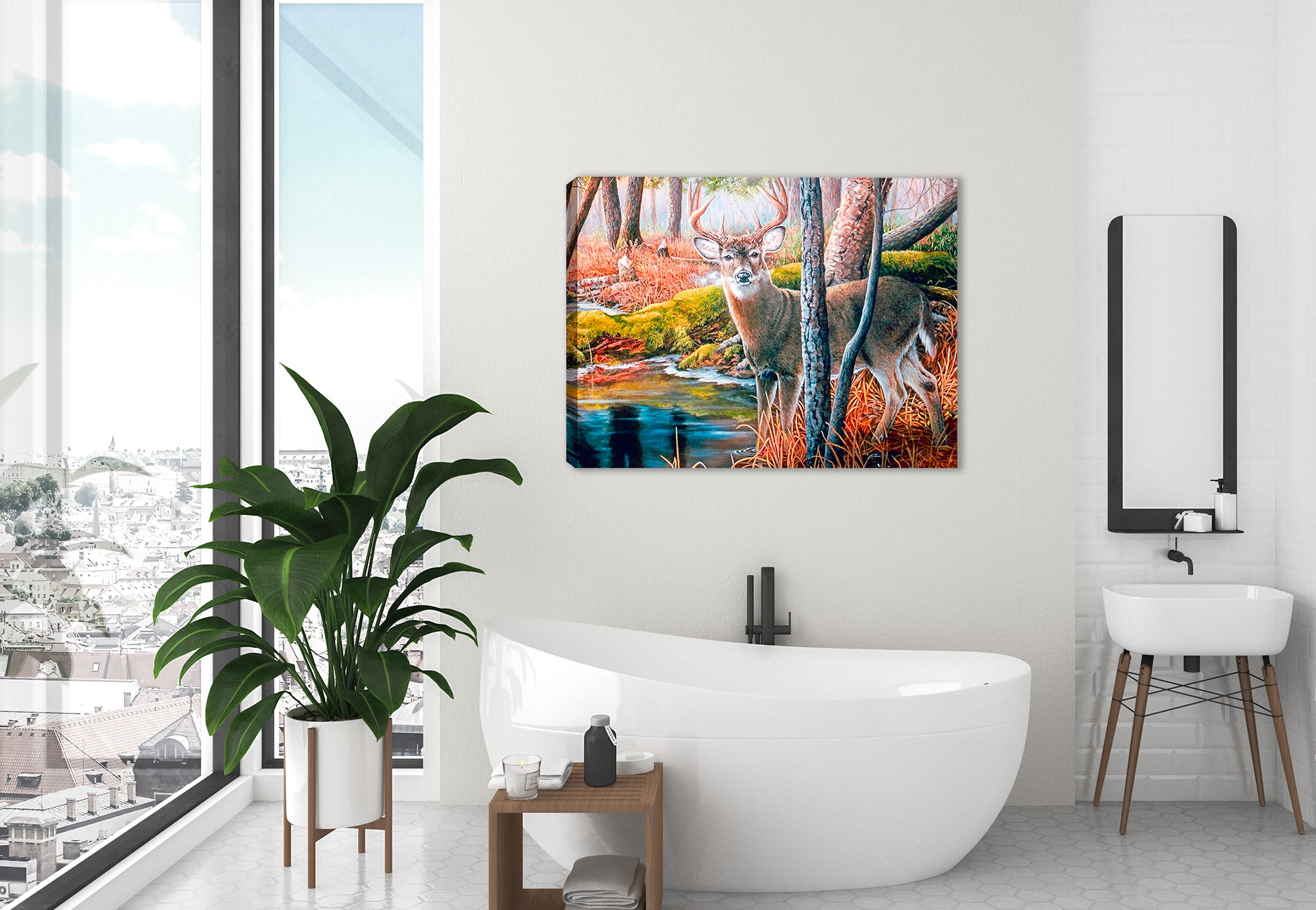 Canvas wrap image of a buck by the water in the woods hanging on the wall of a bathroom.