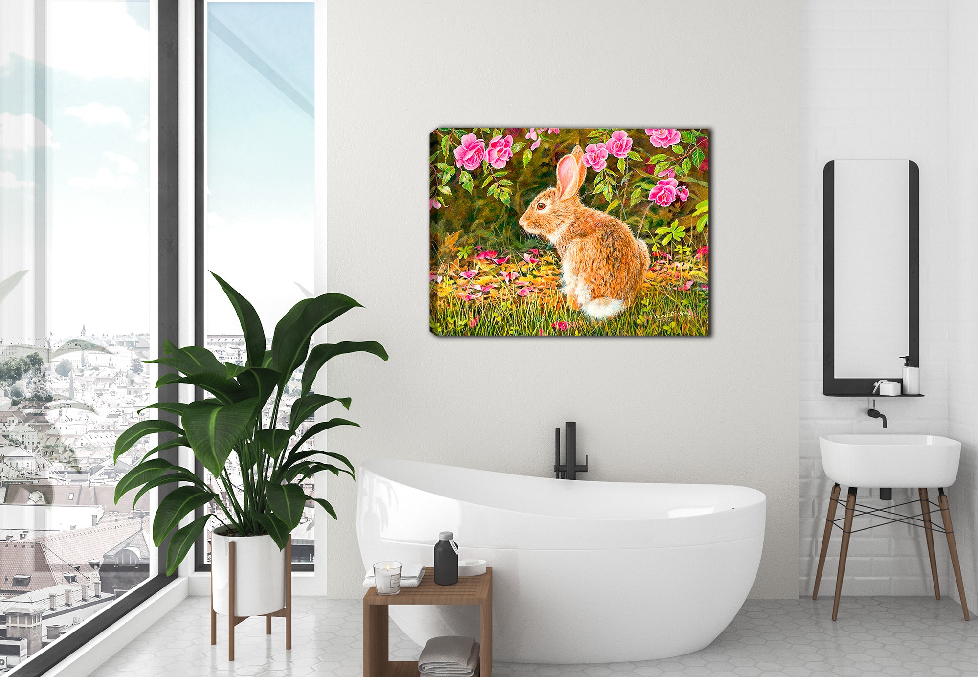Image of a painting of a rabbit on a Bed of Roses on a canvas wrap hanging on the wall of a bath room