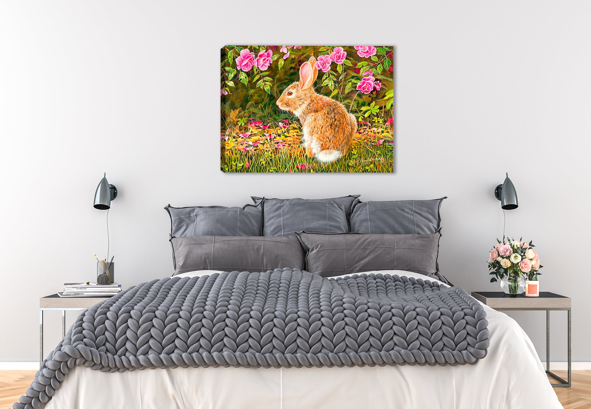Image of a painting of a rabbit on a Bed of Roses on a canvas wrap hanging on the wall of a bed room