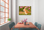 Image of a painting of a rabbit on a Bed of Roses on a canvas wrap hanging on the wall of a dining room