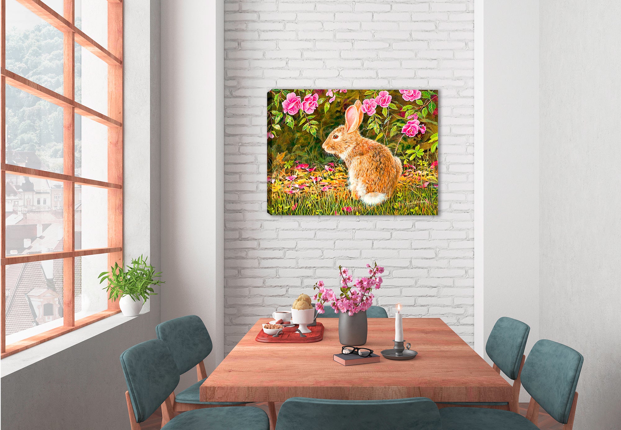 Image of a painting of a rabbit on a Bed of Roses on a canvas wrap hanging on the wall of a dining room