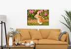 Image of a painting of a rabbit on a Bed of Roses on a canvas wrap hanging on the wall of a living room with a beige sofa 