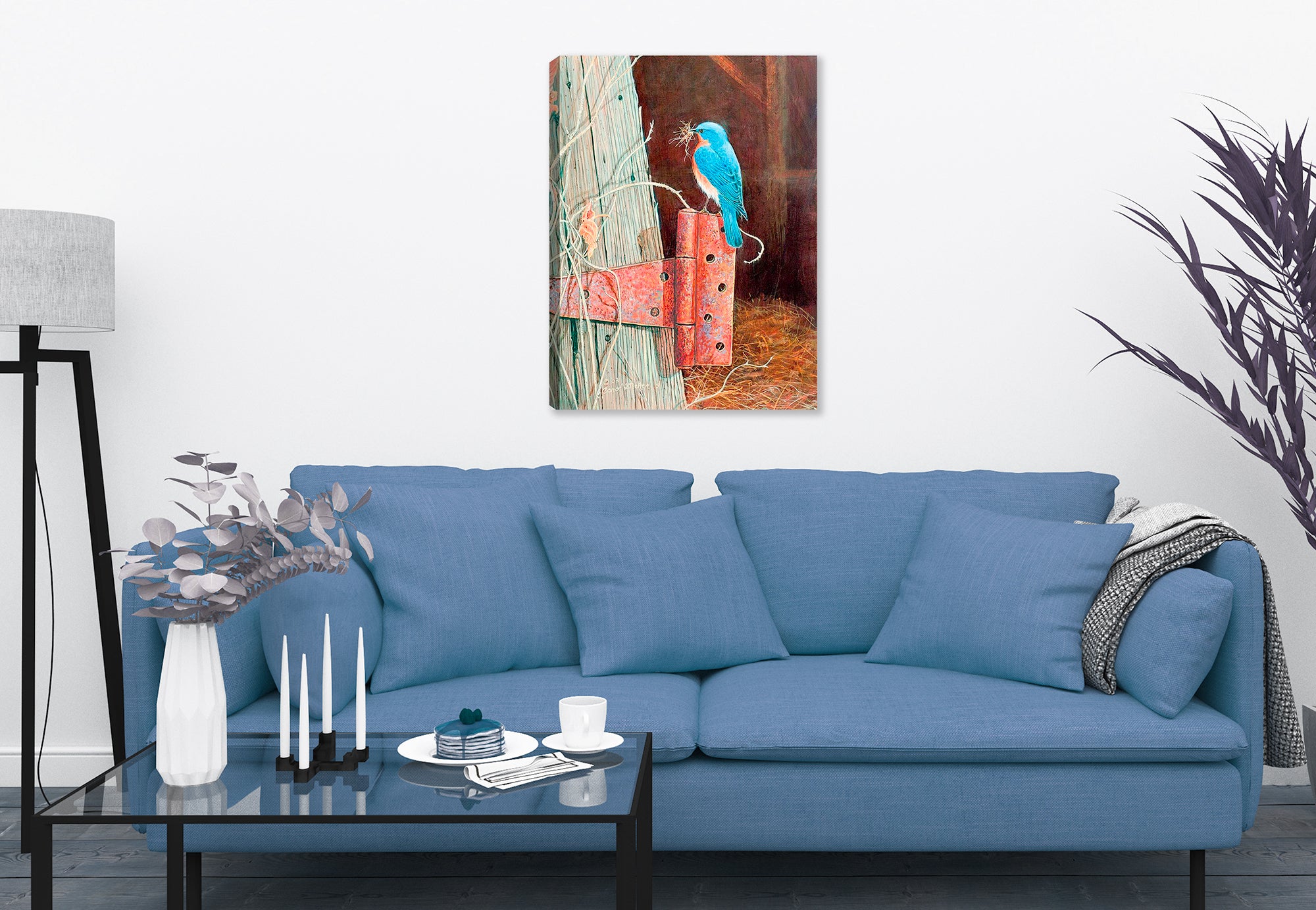 Painting of Bluebird on  a family farm - 
 printed on a canvas wraps hanging on a living room wall.