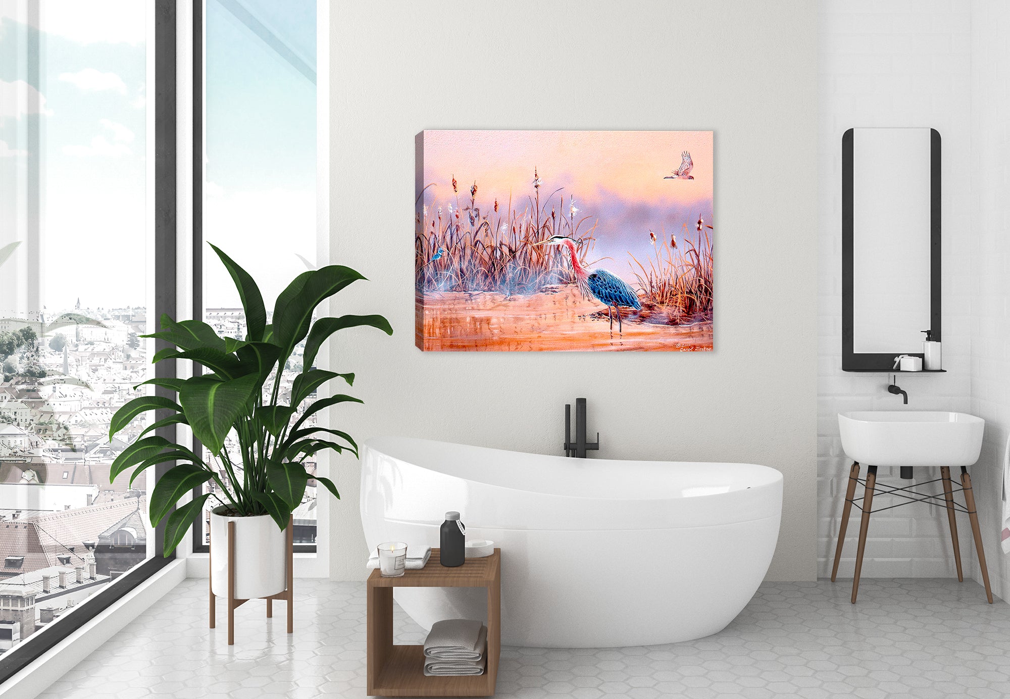 Blue Heron in Wetlands - Printed on Canvas Wrap and hanging on bathroom wall.