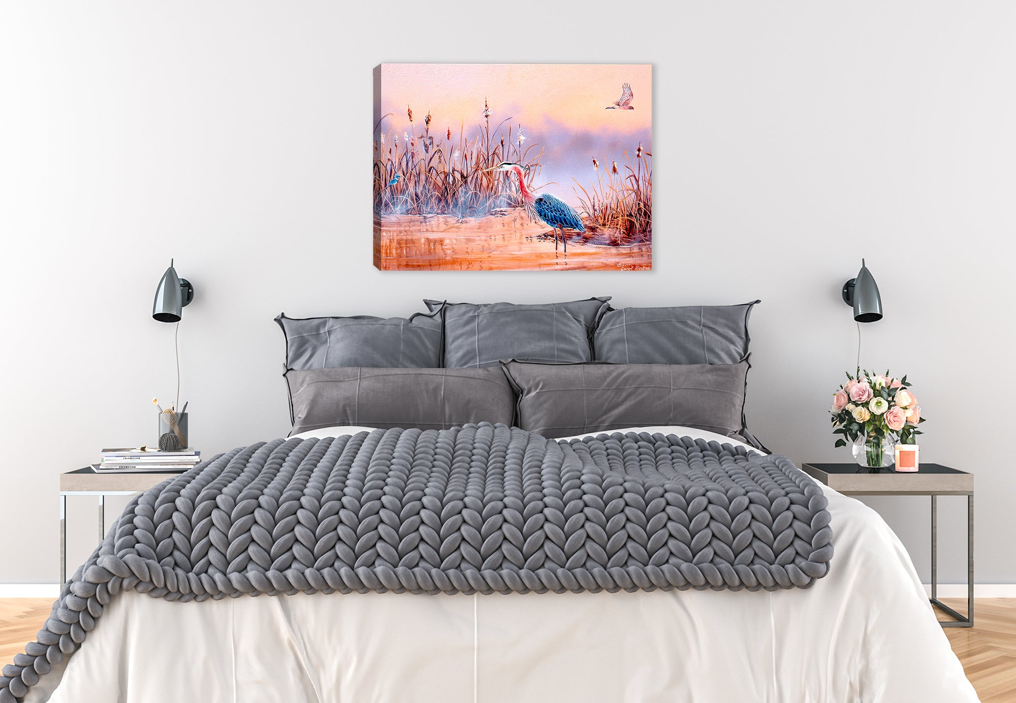 Blue Heron in Wetlands - Printed on Canvas Wrap and hanging on bedroom wall.