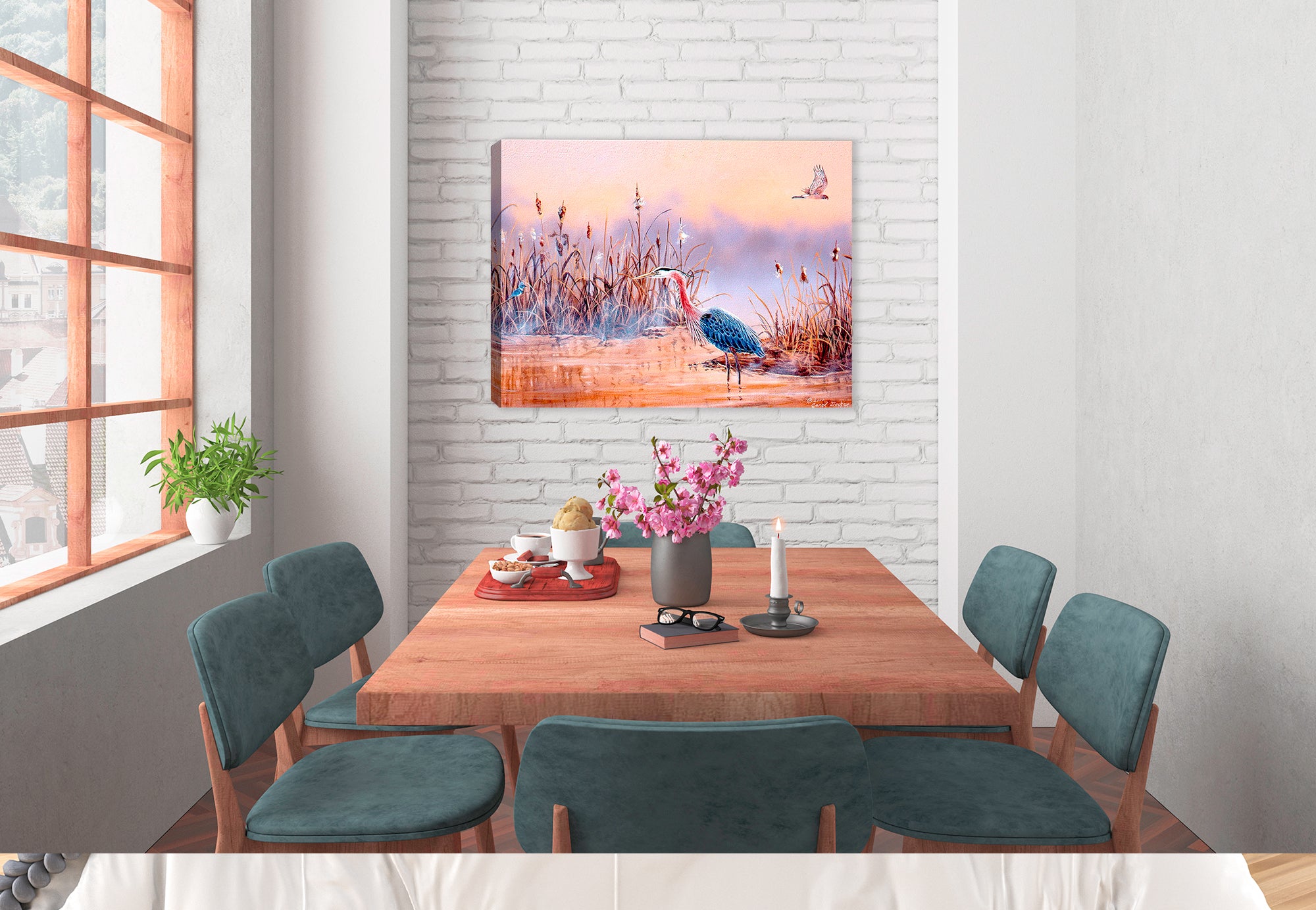 Blue Heron in Wetlands - Printed on Canvas Wrap and hanging on Dining room wall.