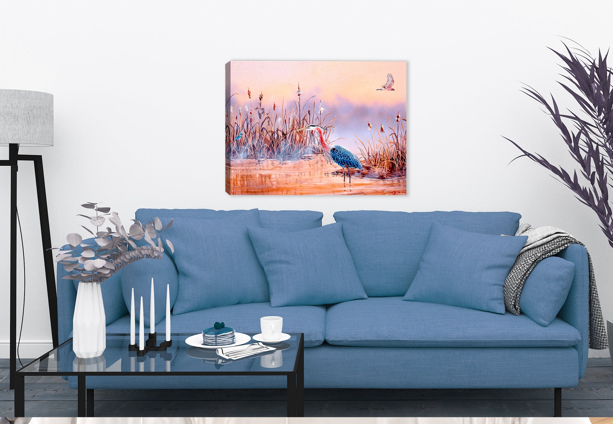 Blue Heron in Wetlands - Printed on Canvas Wrap and hanging on Living room wall.