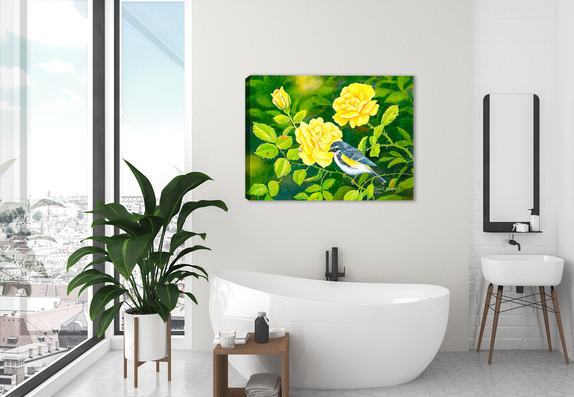 Image of a bird among yellow roses painted on a canvas wrap hanging on the wall of a bathroom.