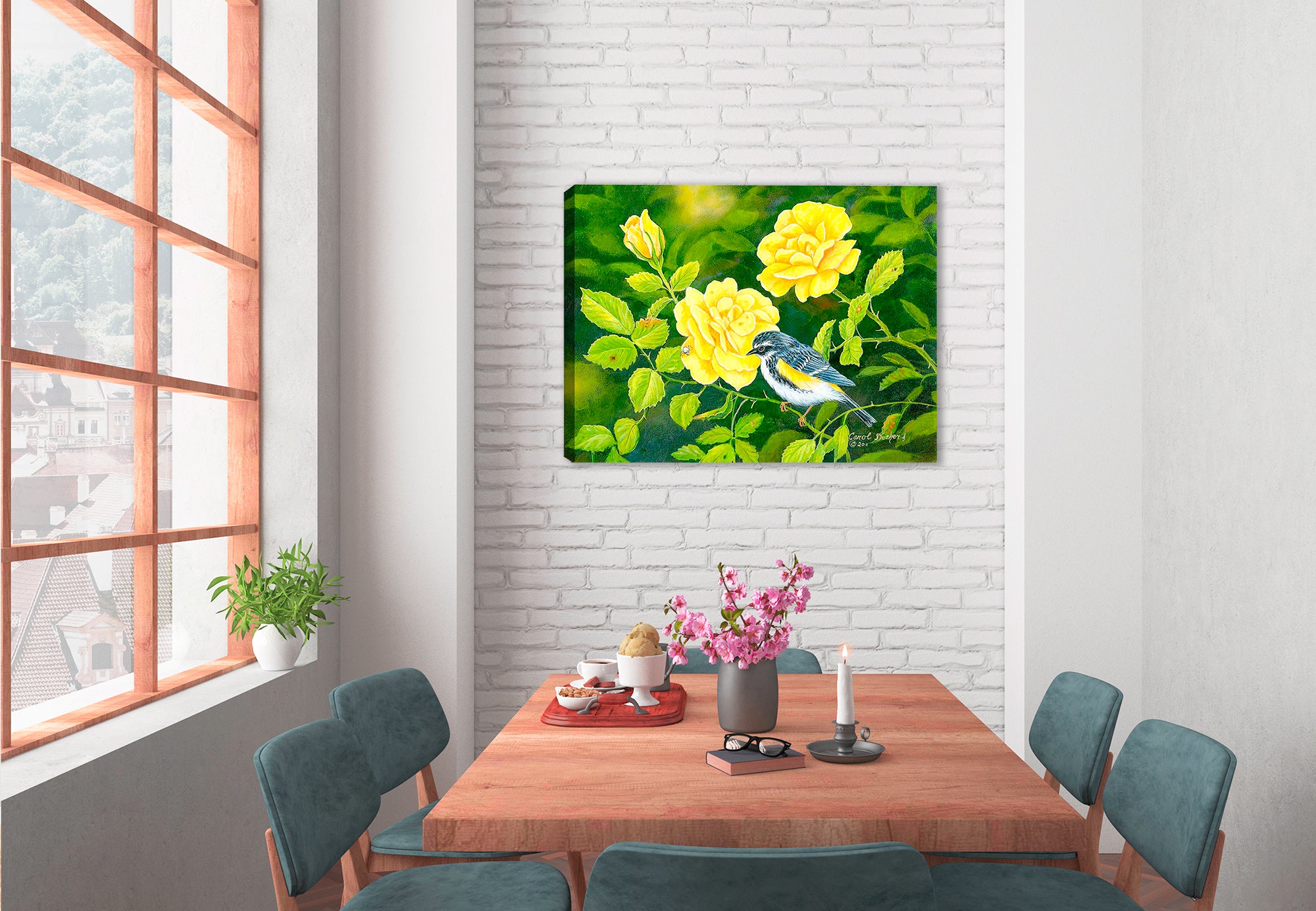 Image of a bird among yellow roses painted on a canvas wrap hanging on the wall of a dining  room.
