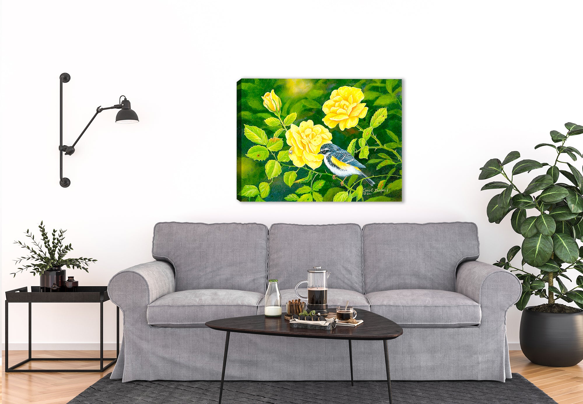 Image of a bird among yellow roses painted on a canvas wrap hanging on the wall of a living room.