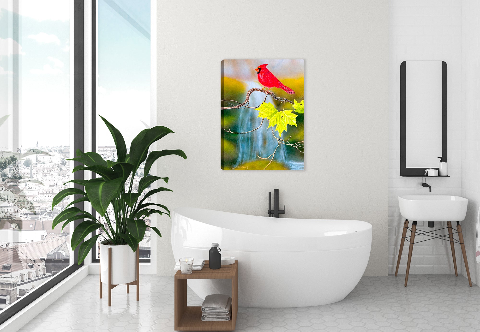 Cardinal near Waterfalls - Printed on Canvas hanging on Bathroom Wall