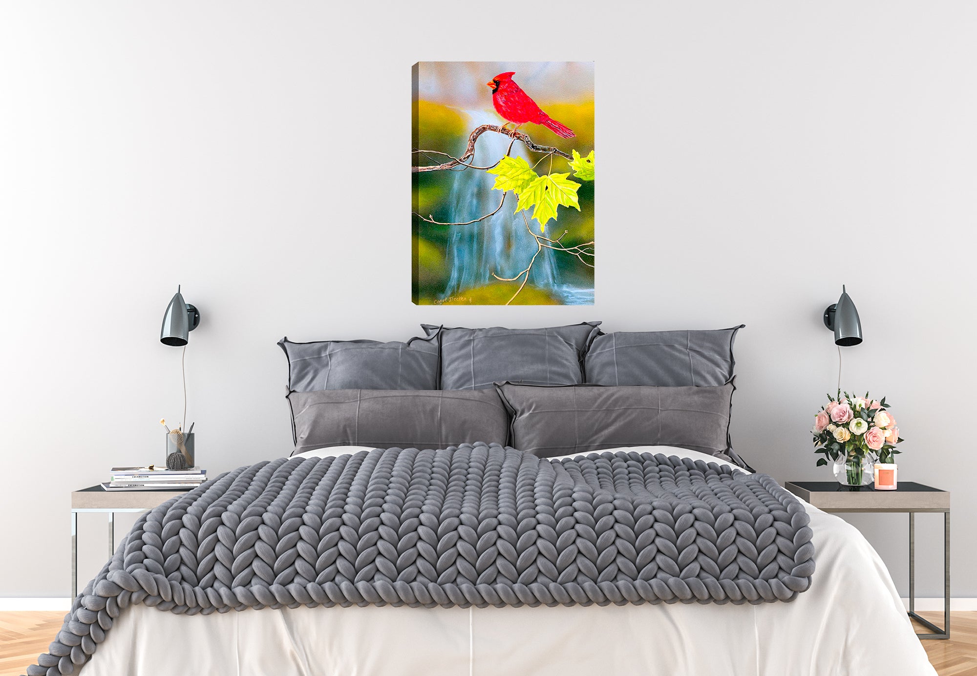 Cardinal near Waterfalls - Printed on Canvas hanging on Bedroom Wall