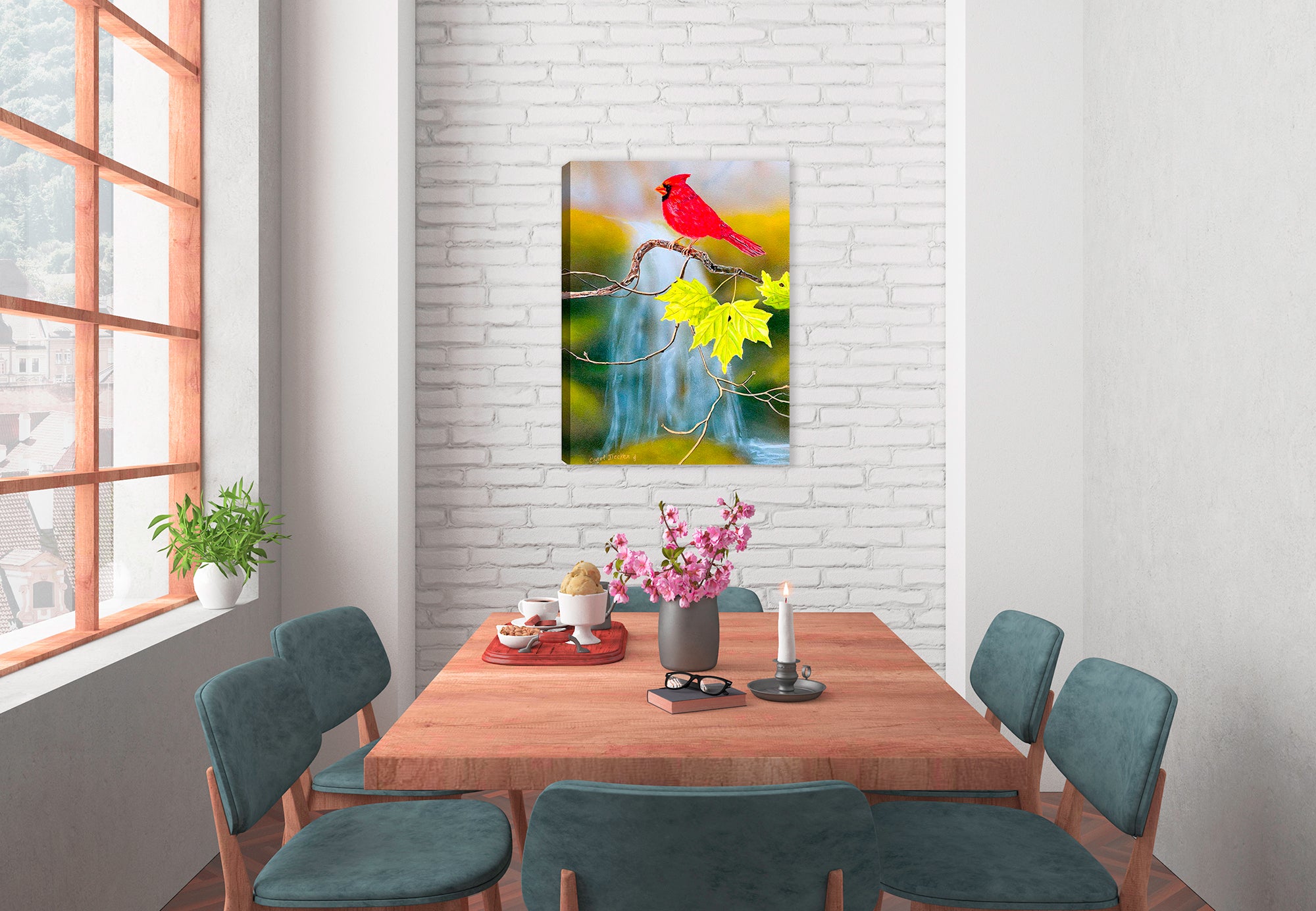 Cardinal near Waterfalls - Printed on Canvas hanging on Dining Room Wall