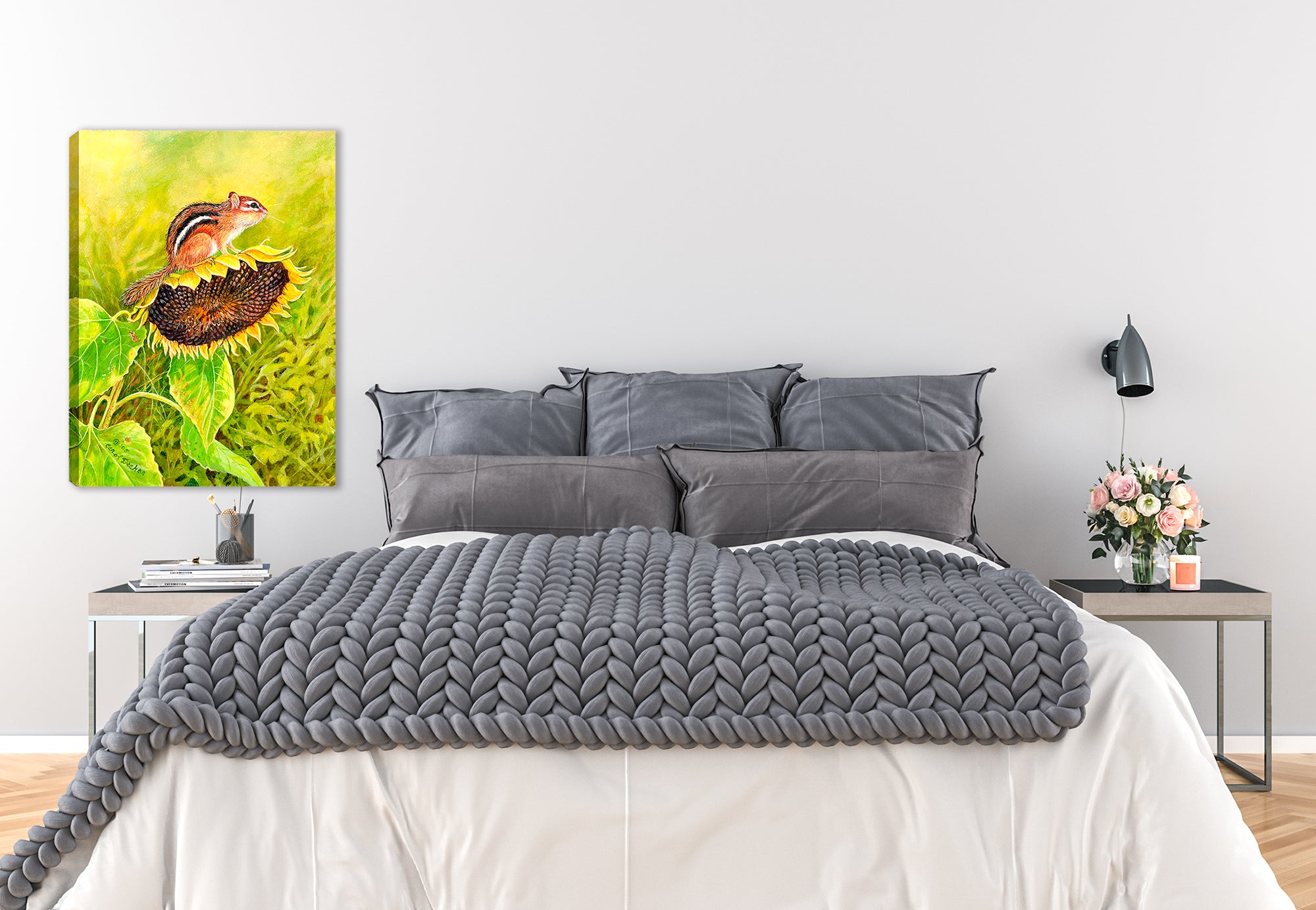 Chipmunk on Sunflower Painting on Canvas - Hung on Bedroom Wall