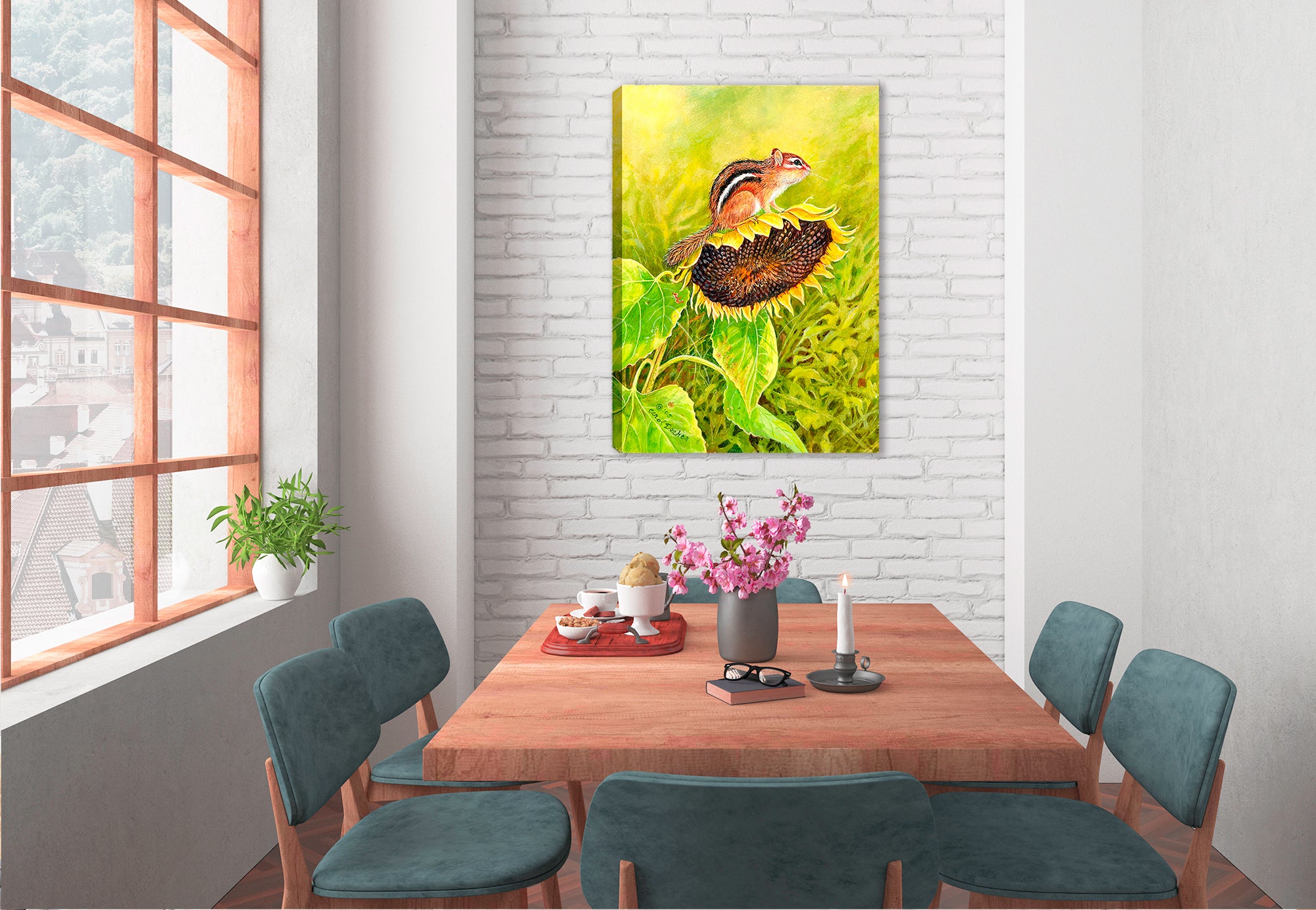 Chipmunk on Sunflower Painting on Canvas - Hung on Dining Room Wall