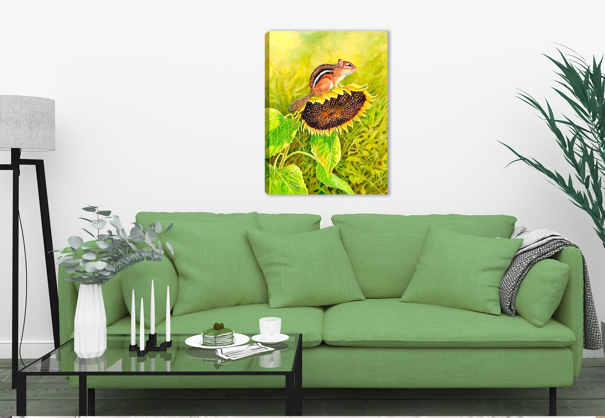 Chipmunk on Sunflower Painting on Canvas - Hung on Living Room Wall