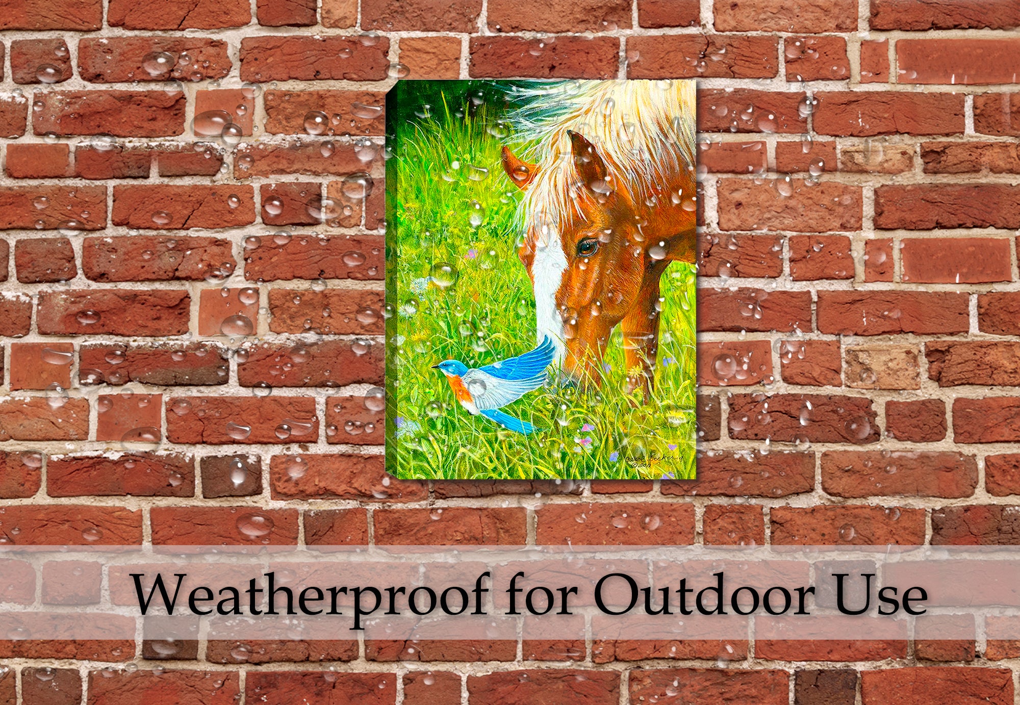 Dinner for Two - Horse and Bluebird - Painting on Canvas - Hung on Patio Wall - Waterproof for Outdoor Use