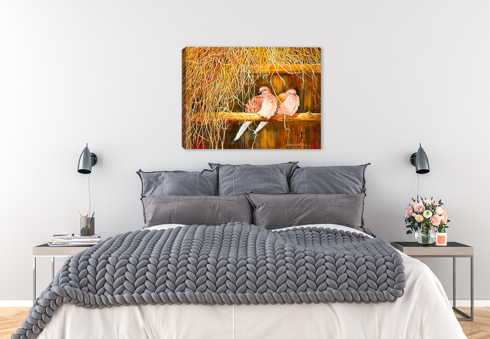 Feather Bed Mourning Doves - Painting on Canvas - Hung on Bedroom Wall