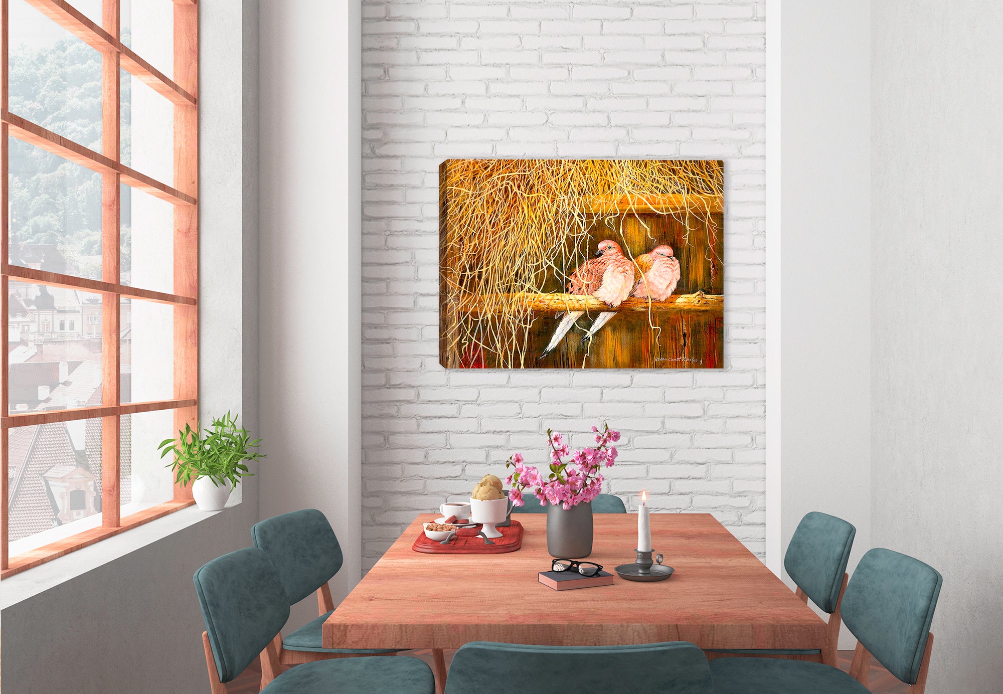 Feather Bed Mourning Doves - Painting on Canvas - Hung on Dining room Wall