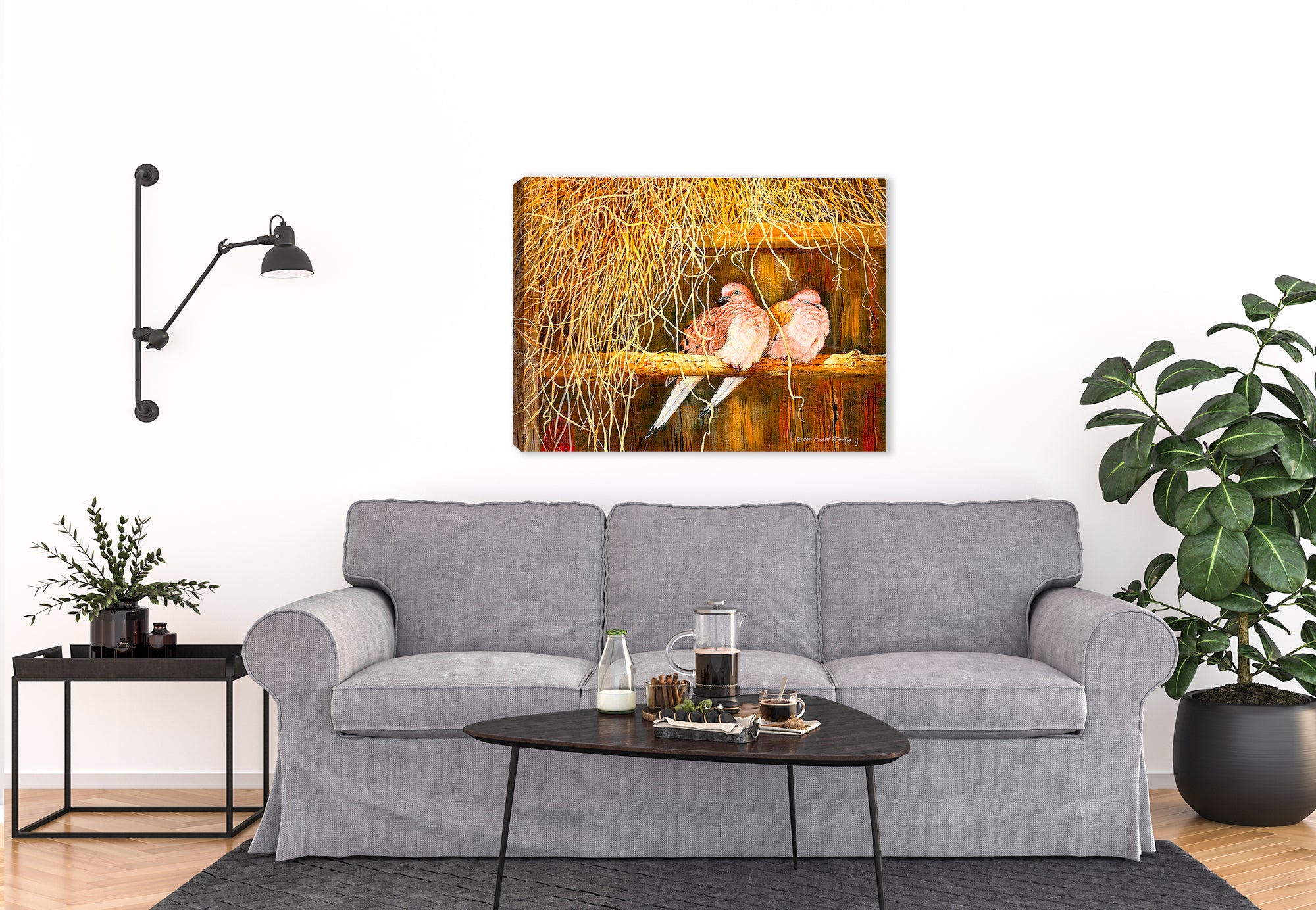 Feather Bed Mourning Doves - Painting on Canvas - Hung on Living Room Wall