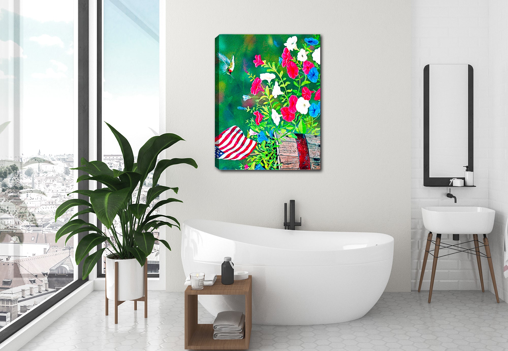 Hummingbird and American Flag - Canvas Print Hanging on Bathroom Wall