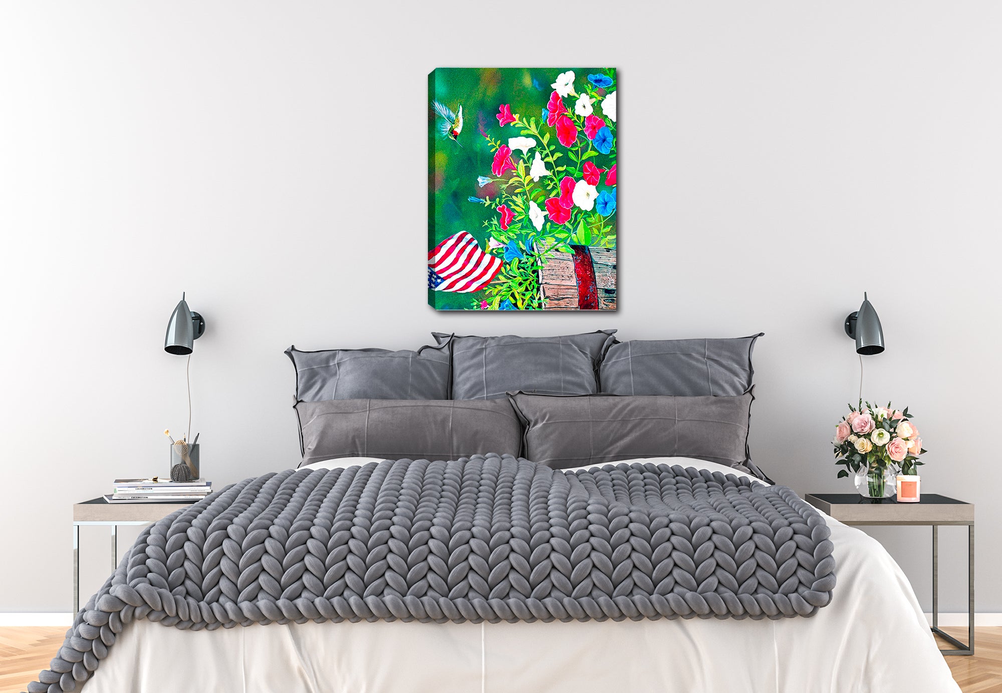Hummingbird and American Flag - Canvas Print Hanging on Bedroom Wall