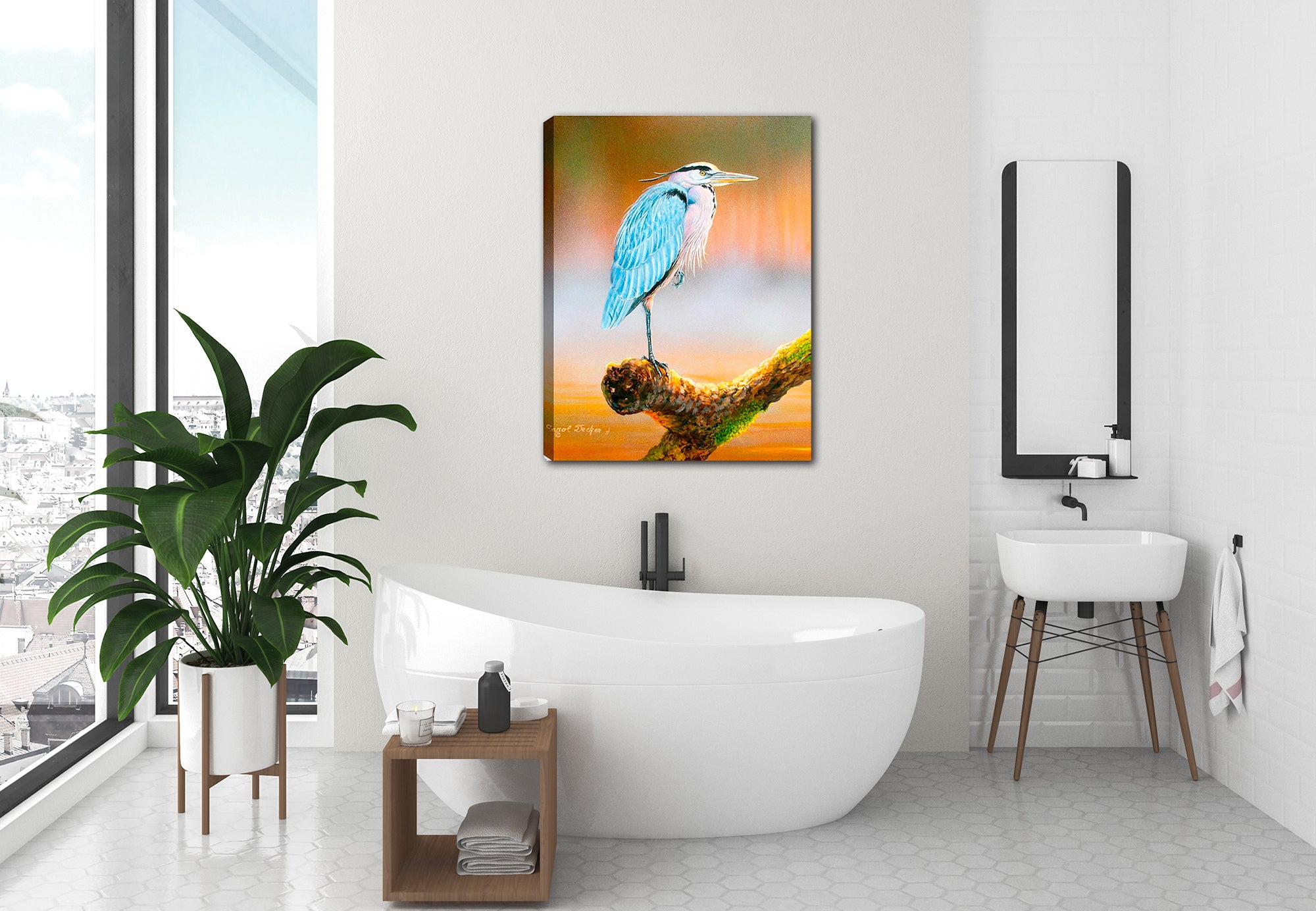 Great Blue Heron on Branch -  Waterproof Canvas on Bathroom Wall.