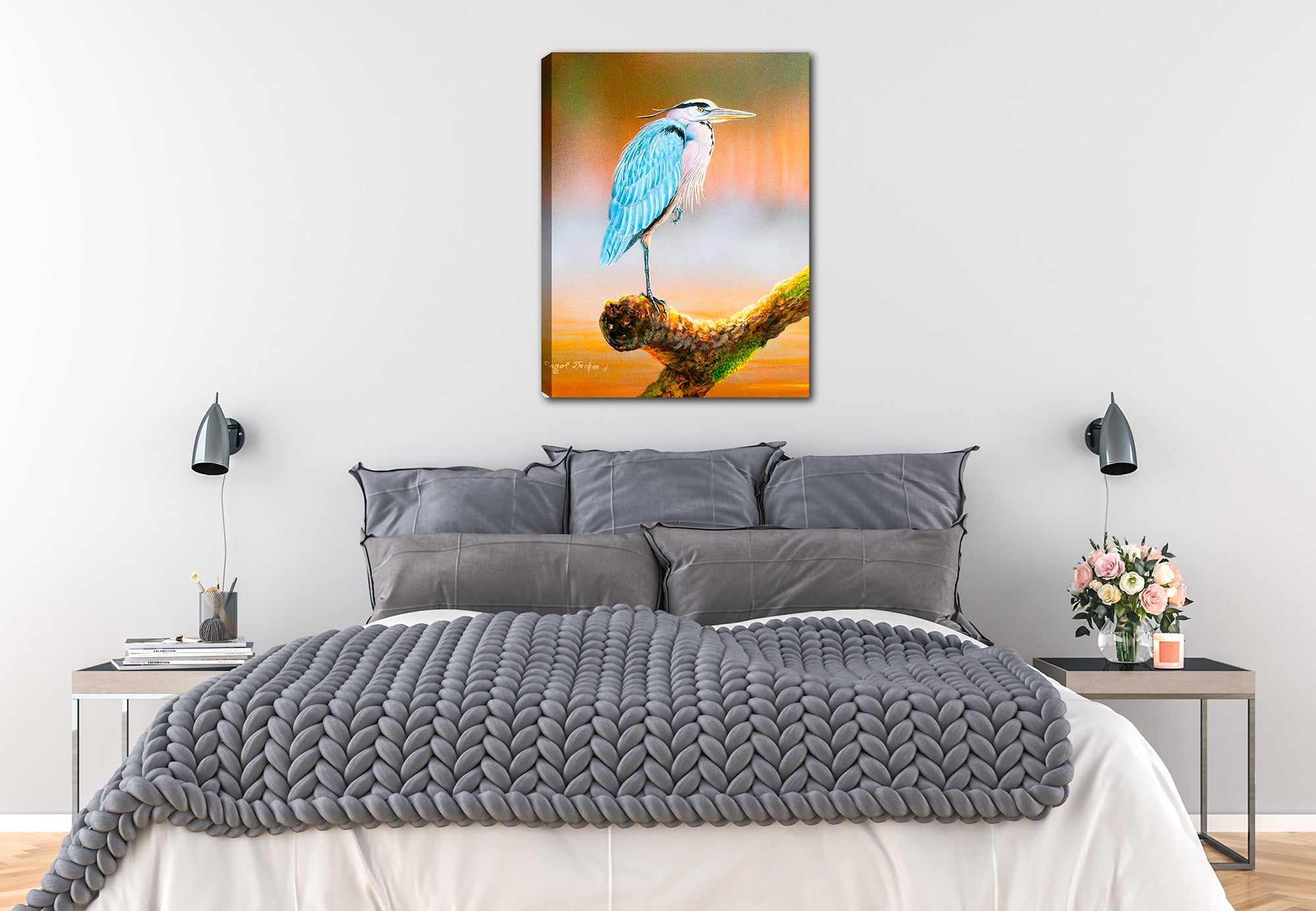 Great Blue Heron on Branch -  Waterproof Canvas on Bedroom Wall.