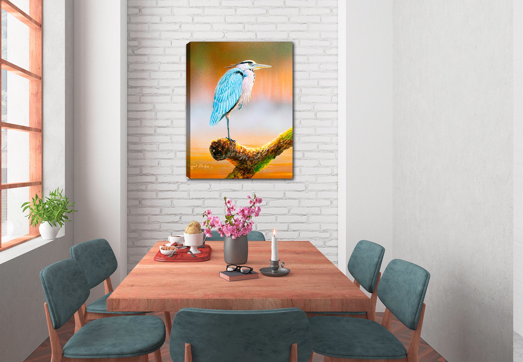 Great Blue Heron on Branch -  Waterproof Canvas on Dining Room Wall.