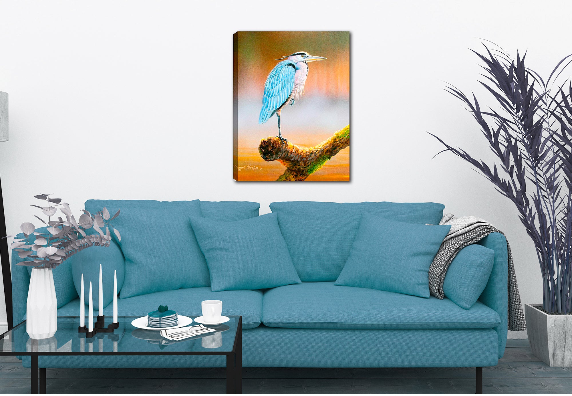 Great Blue Heron on Branch -  Waterproof Canvas on Living Room Wall.