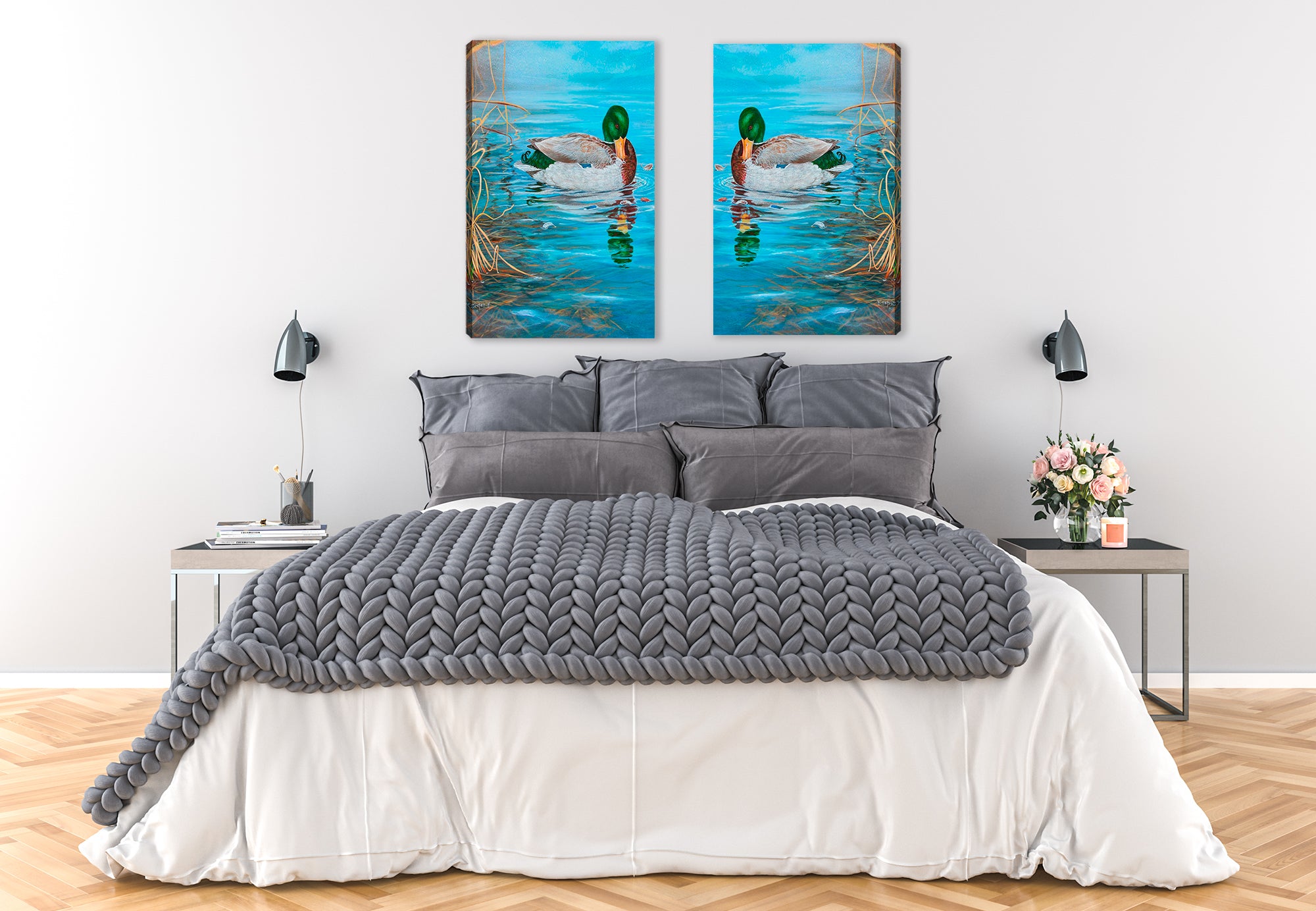 Grooming Mallard by Carol Decker - on Canvas - Hung on Bedroom Wall