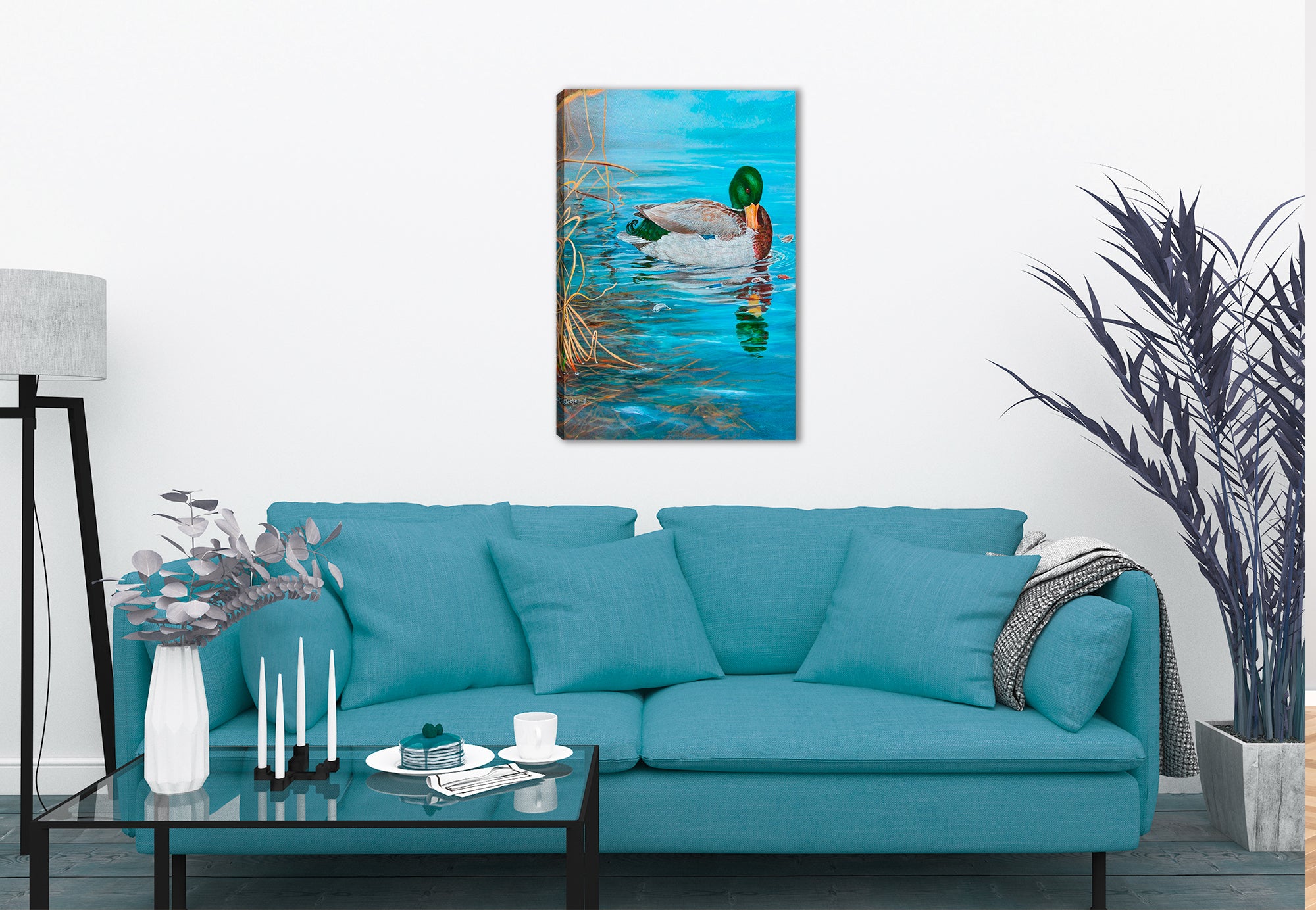 Grooming Mallard by Carol Decker - on Canvas - Hung on Living Room Wall