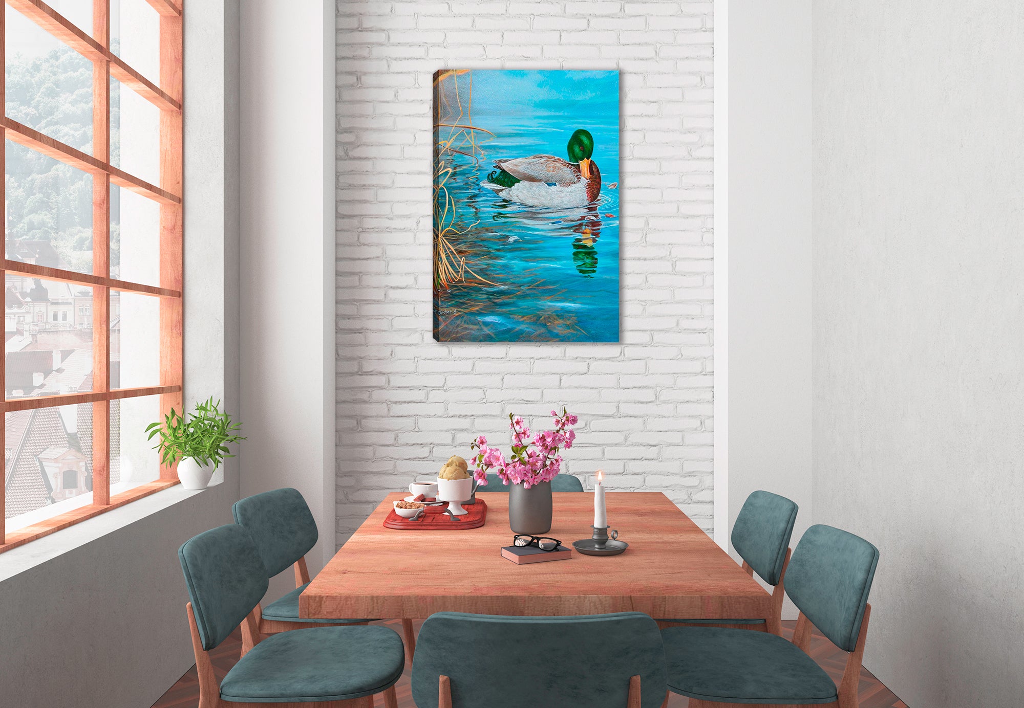 Grooming Mallard by Carol Decker - on Canvas - Hung on Dining Room Wall
