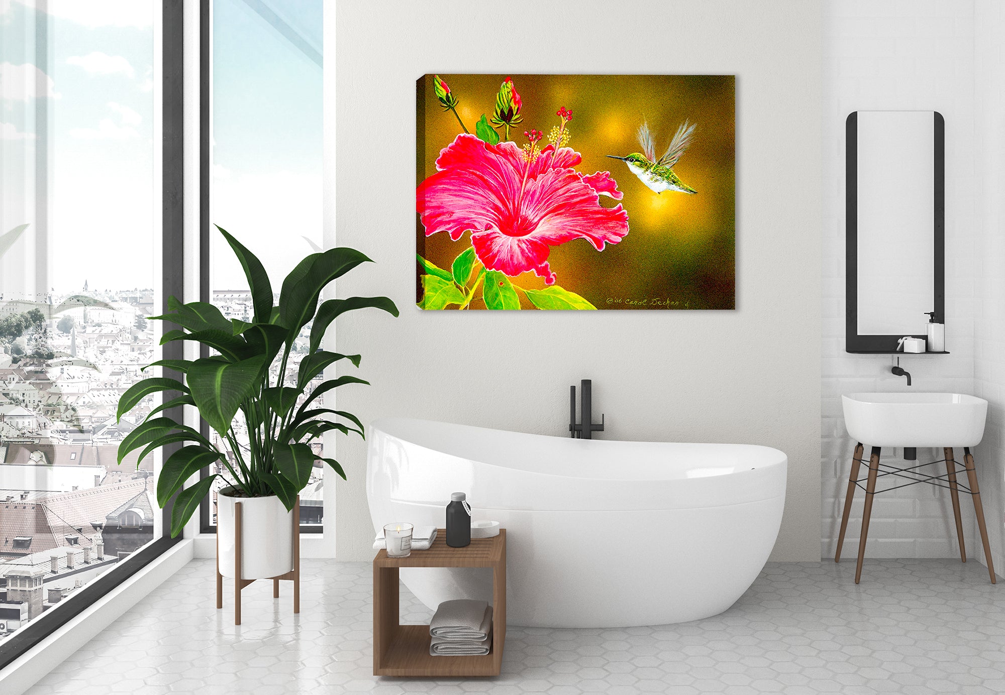 Hummingbird & Hibiscus - Painting printed on Canvas - Hanging on Bathroom Wall