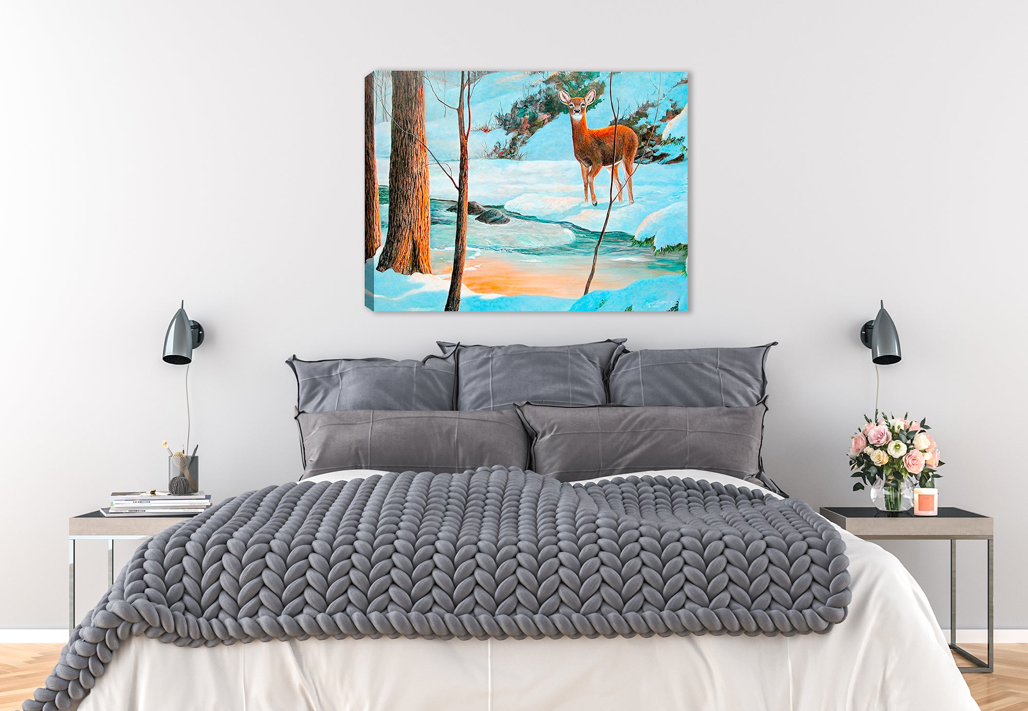 Icy Glow Doe - Painting by Carol Decker - Printed on Canvas.  Hanging on Bedroom Wall.