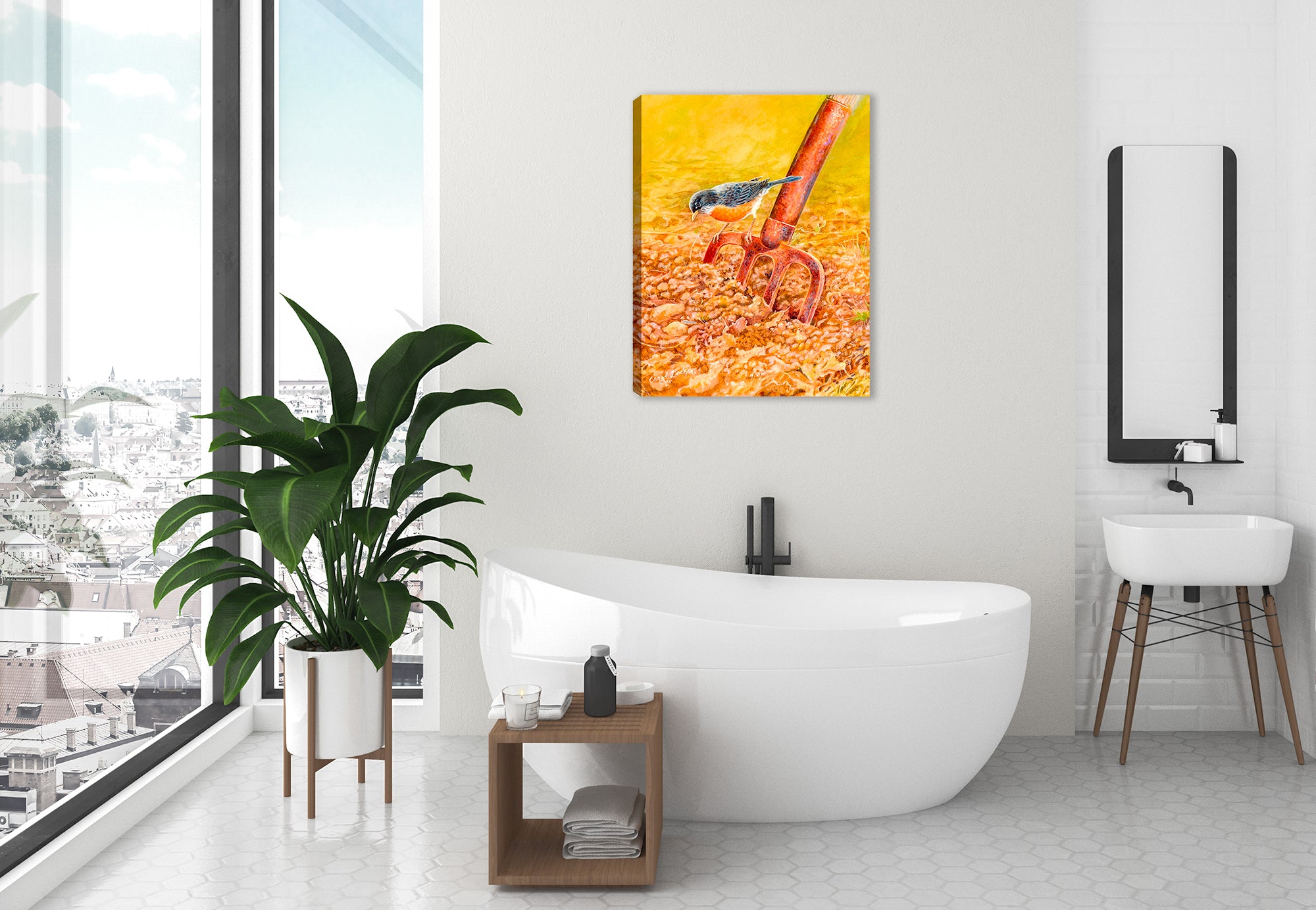 Painting of a Robin perched on hoe on Canvas - Hung on Bathroom Wall