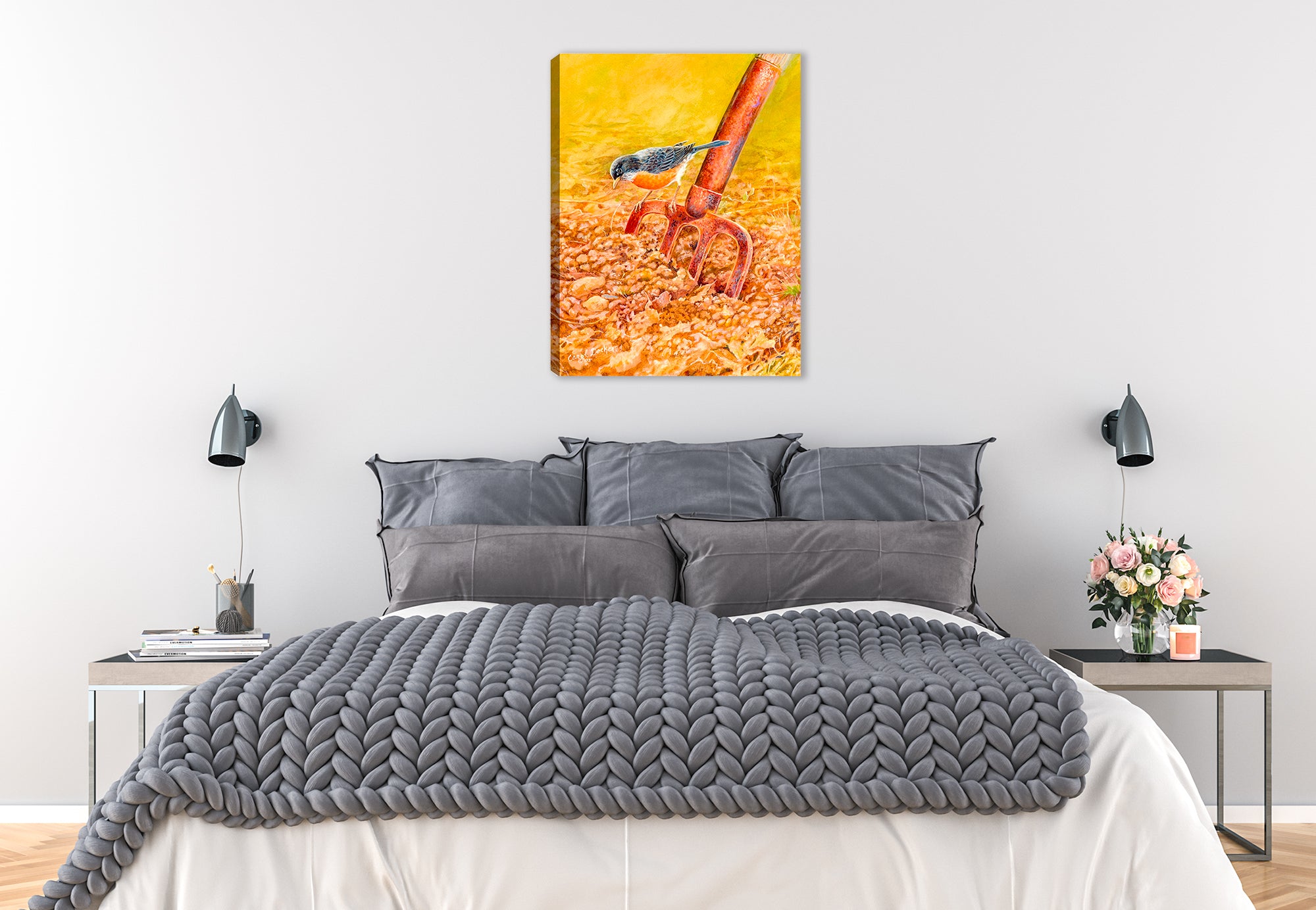 Painting of a Robin perched on hoe on Canvas - Hung on Bedroom Wall