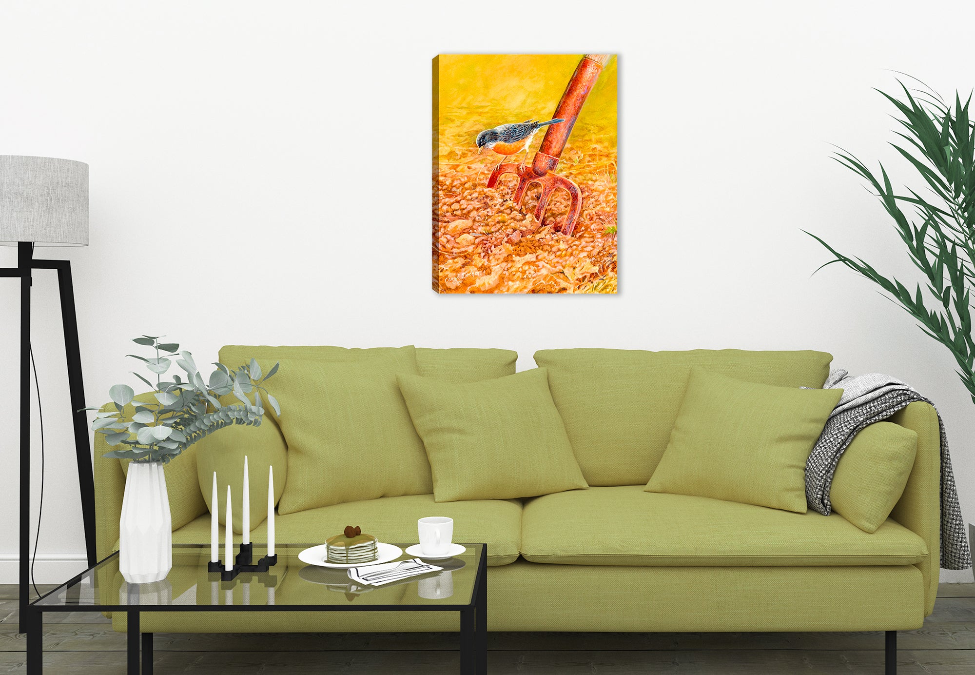 Painting of a Robin perched on hoe on Canvas - Hung on Living Room Wall