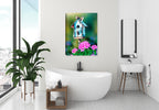 Painting of a Wren sitting on a birch bird house with colorful flowers in the foreground. Printed on Waterproof Canvas - Hung on Bathroom Wall.