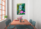 Painting of a Wren sitting on a birch bird house with colorful flowers in the foreground. Printed on Waterproof Canvas - Hung on Dining Room Wall.
