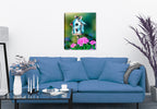 Painting of a Wren sitting on a birch bird house with colorful flowers in the foreground. Printed on Waterproof Canvas - Hung on Living Room Wall.